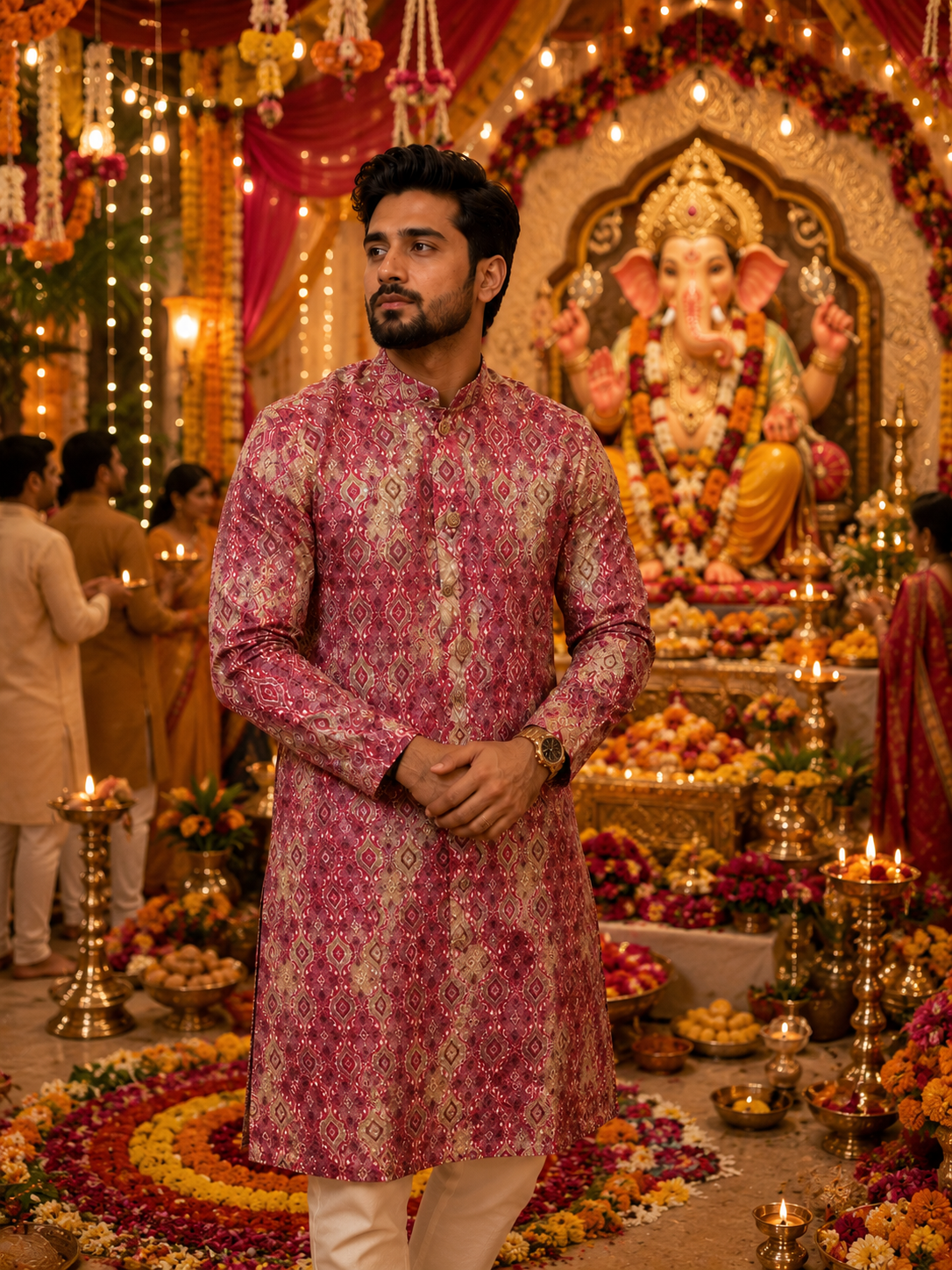 ShreeVastram Crimson Geometric Heritage Brocade Kurta Set